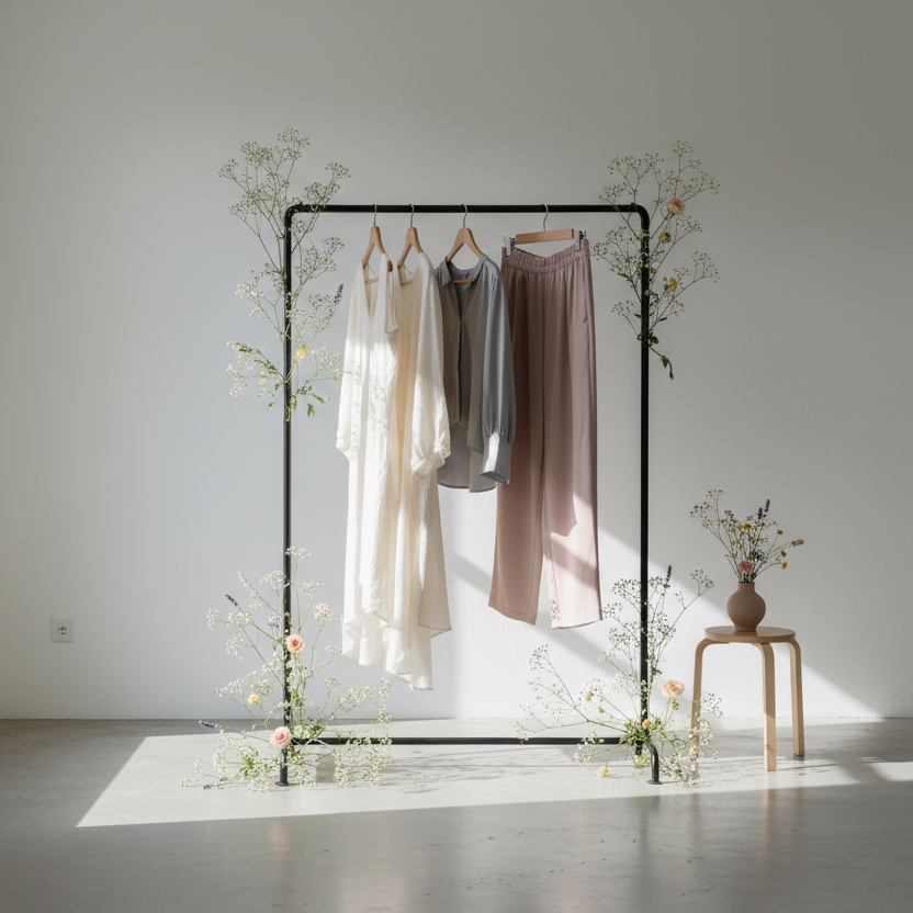 aesthetic small flowers with clothing rack